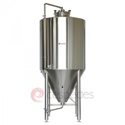Fermentadores de aço inoxidável cilíndrico-cónicos de 500 a 5.000 litros, isobáricos, isolados e com camisas de refrigeração.